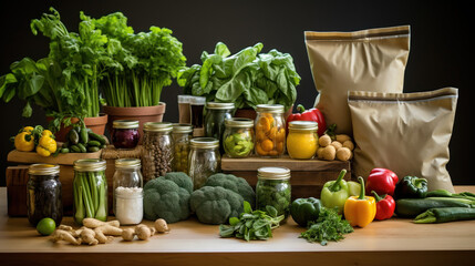 Fototapeta premium Zero waste grocery shopping setup featuring reusable bags, glass jars, and organic produce