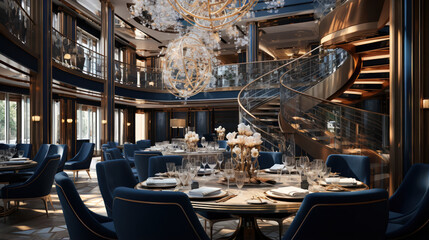 Luxury yacht interior featuring a grand dining area with crystal chandeliers and opulent furnishings