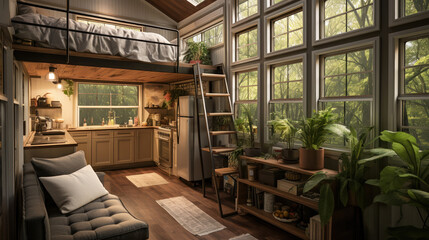 The interior of a tiny home featuring a cozy living area, compact kitchen, and lofted bed - obrazy, fototapety, plakaty