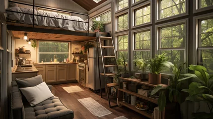 Foto op Canvas The interior of a tiny home featuring a cozy living area, compact kitchen, and lofted bed © Malika