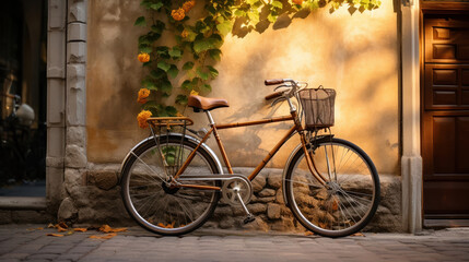Fototapeta na wymiar Vintage bicycle parked against an old brick wall