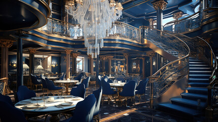 Luxury yacht interior featuring a grand dining area with crystal chandeliers and opulent furnishings - obrazy, fototapety, plakaty