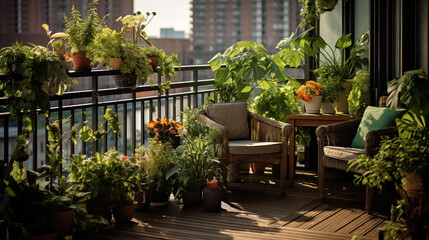 Fototapeta na wymiar Balcony garden featuring a variety of potted plants