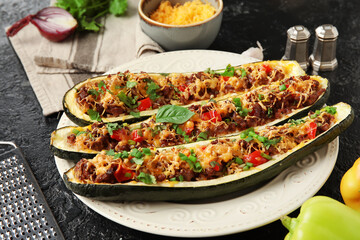 Plate with meat stuffed zucchini boats on black background