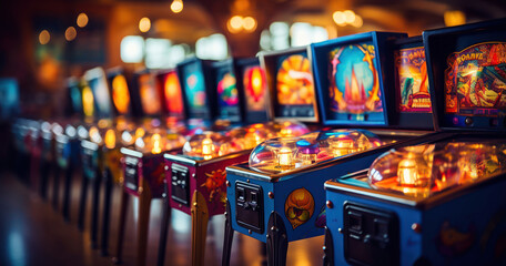 Row of classic pinball machines in an arcade, featuring vintage designs and colorful lights - obrazy, fototapety, plakaty