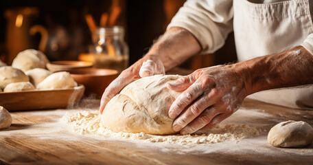 Artisan baker kneading dough on a rustic wooden table, surrounded by ingredients
