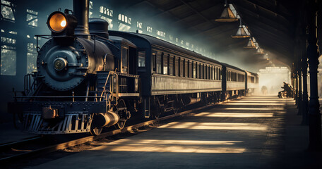 vintage train station featuring an antique steam engine and classic wooden benches © Malika