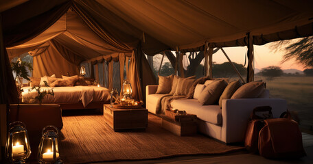 Luxury safari tent set up in the wilderness, complete with plush furnishings and a private view of the savanna - obrazy, fototapety, plakaty