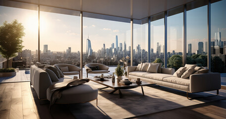 The interior of a luxury apartment featuring modern furniture, art pieces, and a city view through floor-to-ceiling windows