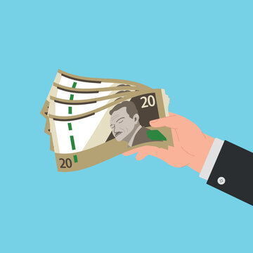Ilustraci&oacute;n Vectorial de Mano humana dando 20 soles peruanos. Paga por algo. Mano sostiene billetes. Inversiones monetarias. Dar dinero. 
