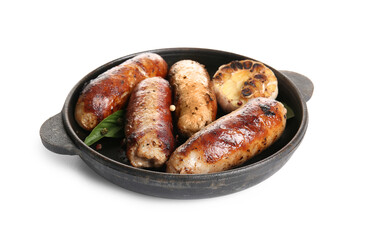 Frying pan with tasty grilled sausages on white background