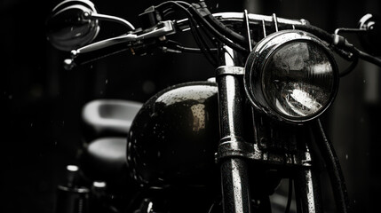 Motorcycle headlamp and handlebars, highlighting their classic design