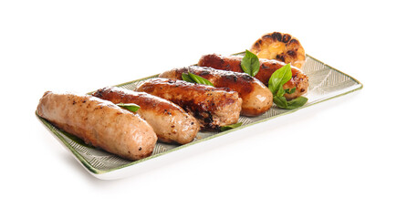 Plate with tasty grilled sausages on white background