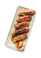 Plate with tasty grilled sausages on white background