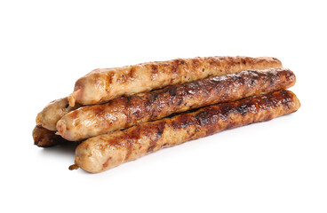 Tasty grilled sausages on white background