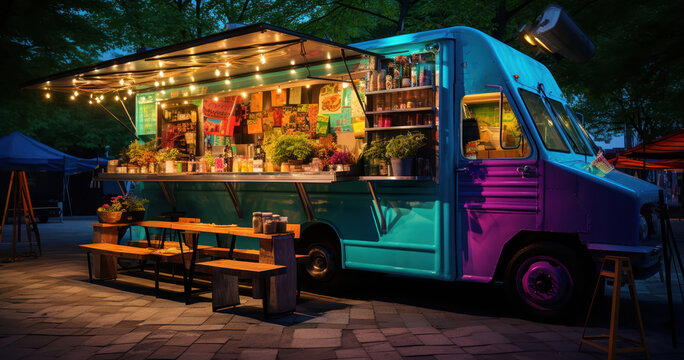 Food truck parked at an outdoor festival, serving a variety of street food