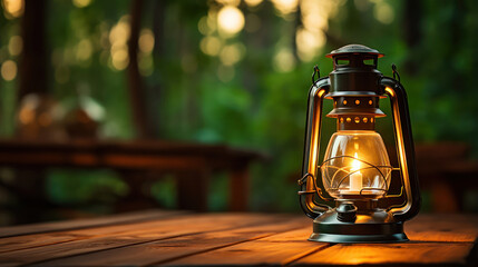 Camping lantern illuminating a rustic wooden table - obrazy, fototapety, plakaty