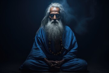 Portrait of beard old man meditating on blue background with fire flame. Senior person in hood doing yoga. - obrazy, fototapety, plakaty