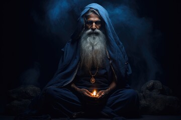 Portrait of beard old man meditating on blue background with fire flame. Senior person in hood doing yoga.