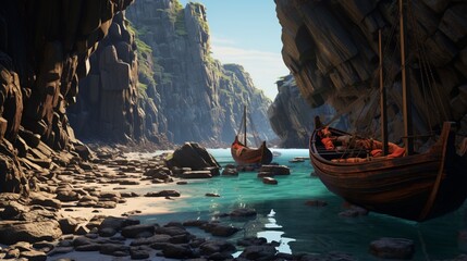 a snapshot of a hidden cove, where traditional fishing boats nestle in the embrace of rugged cliffs, their vibrant colors contrasting with the natural beauty of the surroundings.