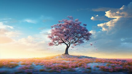 A solitary tree stands tall amidst a sea of wildflowers, reaching for the endless cerulean sky.