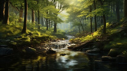 A tranquil forest clearing, where ancient trees whisper secrets to the tranquil stream below.