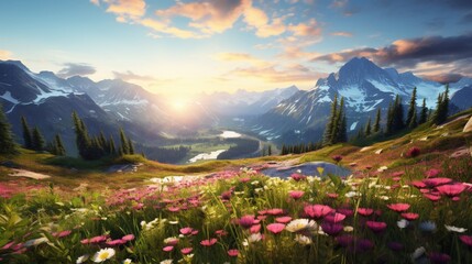 An alpine meadow, blanketed in a riot of wildflowers, a living tapestry of vibrant hues. - obrazy, fototapety, plakaty
