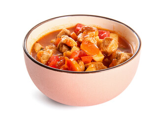 Bowl of tasty beef stew on white background