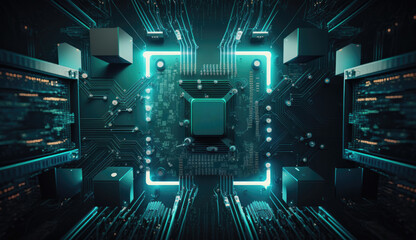Circuit Board with many CPU Processors in the server room of the data center. Microchips Starting Artificial Intelligence Digitalization of Neural Networking, Cloud Computing Data Digital Move