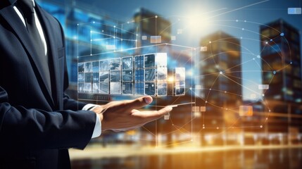 Businessman and global logistics network distribution and transportation, Smart logistics, Innovation future of transportation on large warehouse center