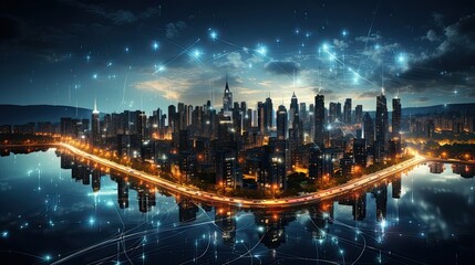 Big data connection technology. Cityscape telecommunication and communication network concept. Smart city and digital transformation.