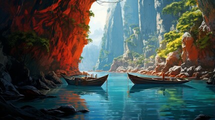 hidden cove, where traditional fishing boats are tucked away beneath towering cliffs, their vibrant colors hidden from the world. - obrazy, fototapety, plakaty