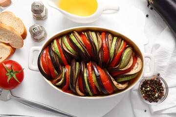Baking dish of tasty Ratatouille on white background