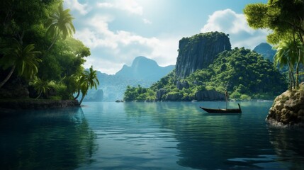 image of a hidden lagoon on a secluded island, where traditional fishing boats are moored amidst lush vegetation and still waters.