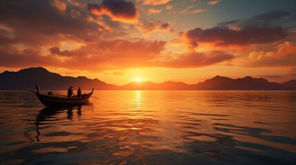 moment at sunset, with traditional fishing boats casting long shadows on the calm waters of a secluded island bay.