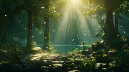 Obraz na płótnie Canvas Sunlight dances through the leaves of an emerald canopy, illuminating a hidden grove in a pristine forest.