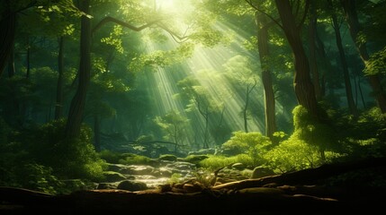 Sunlight dances through the leaves of an emerald canopy, illuminating a hidden grove in a pristine forest.