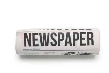 Rolled newspaper isolated on white background