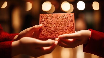 Hand holding pair if red envelope, gift at chinese new year