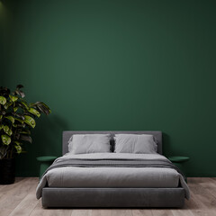 Cozy minimal bedroom in modern interior design home or hotel style. Deep color green trend - dark emerald viridian painted walls and gray bed. Scene mockup background for art or decor. 3d rendering