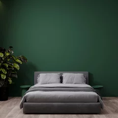 Poster Cozy minimal bedroom in modern interior design home or hotel style. Deep color green trend - dark emerald viridian painted walls and gray bed. Scene mockup background for art or decor. 3d rendering © Viktoriia