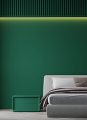 Luxury bedroom in premium modern interior design home or hotel. Deep color green trend - dark emerald viridian walls and gray accent style bed. Empty background . Mockup for art or decor. 3d rendering - obrazy, fototapety, plakaty