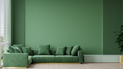 Livingroom mockup with a dark green sofa and emerald color walls. Empty space for a gallery and paintings, art. Painted wall in a deep accent background. Modern large premium design room. 3d rendering