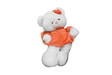Cute toy girl bear soft fluffy in polka dot dress on white background, isolated