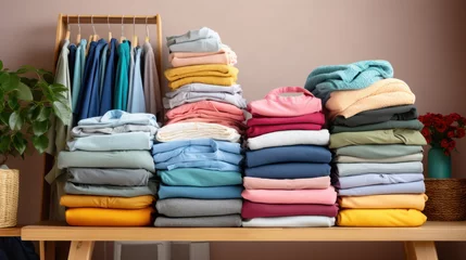 Fotobehang Several stacks of clothes, meticulously folded and arranged on a table © red_orange_stock