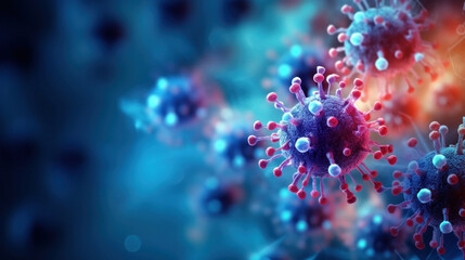 Focus on one virus, blurred background, copy space