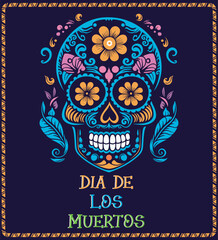 Day of the dead, Dia de los moertos, banner with colorful Mexican sugar skull. Fiesta, holiday poster, party flyer, greeting card