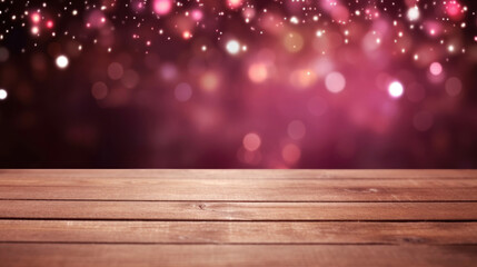 Empty old empty wooden table over magic pink Christmas background