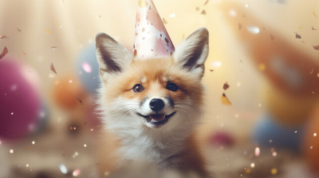 Happy fox in a birthday hat against a blurry background with confetti