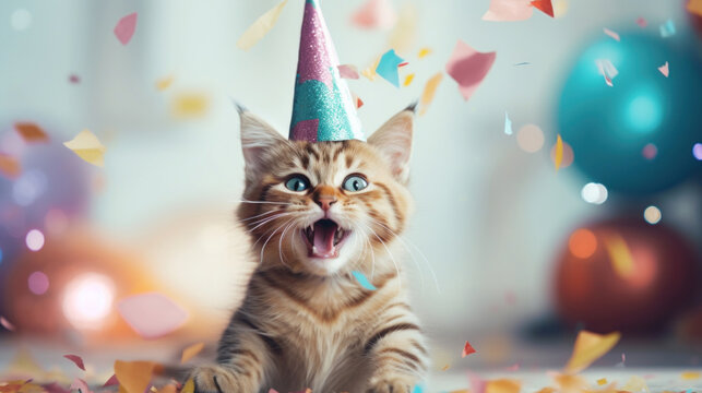 Happy cat in a birthday hat against a blurry background with confetti